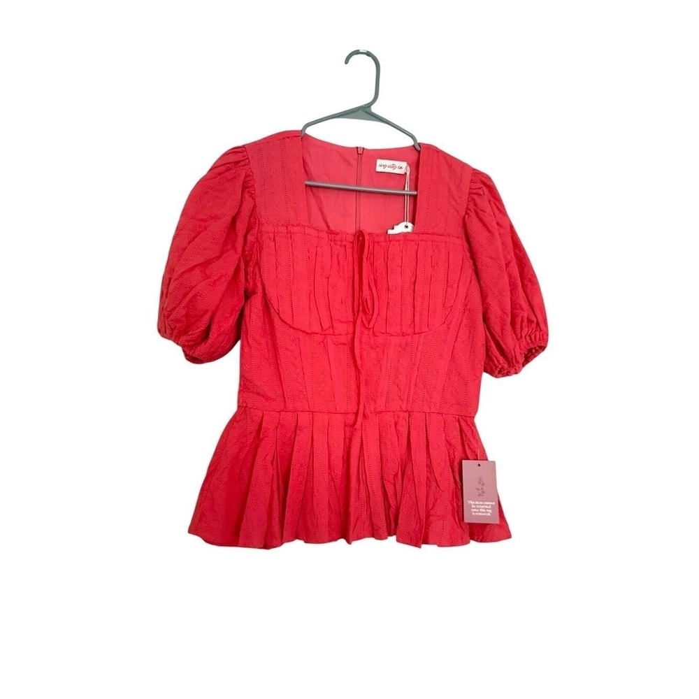 Ivy City Co Coral Peplum Top Puff Sleeve Textured Blouse NWT Size S - Picture 3 of 6